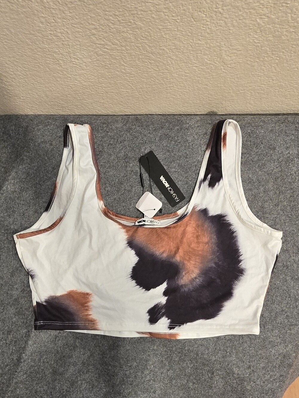 Fashion Nova White Crop Tank with Black & Rust Tie-Dye